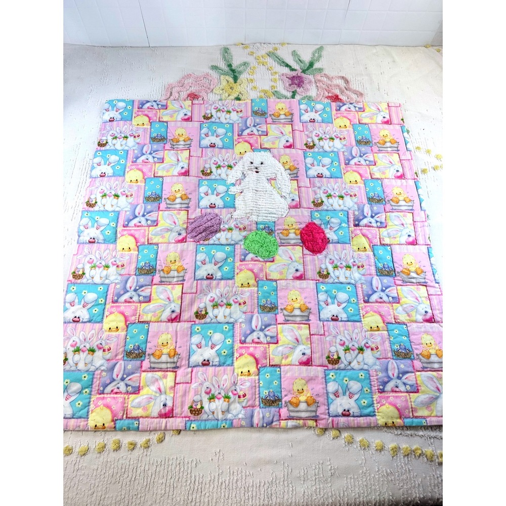 Vintage Handmade Baby Quilt Easter Bunny Chenille Patchwork Pastel Nursery 34x33